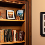 **

"Bookshelf filled with travel souvenirs, framed photos on the wall, cozy reading nook, personal touches, warm lighting, creating memories."