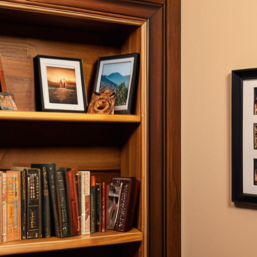 **

"Bookshelf filled with travel souvenirs, framed photos on the wall, cozy reading nook, personal touches, warm lighting, creating memories."