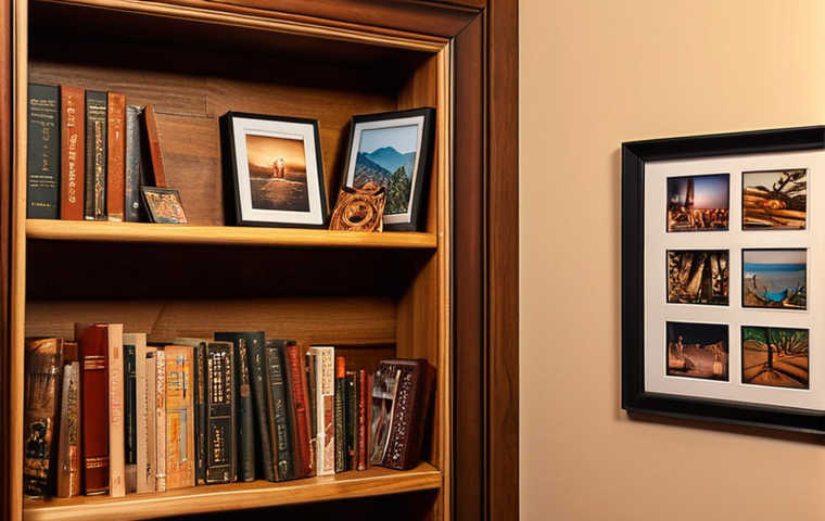 **

"Bookshelf filled with travel souvenirs, framed photos on the wall, cozy reading nook, personal touches, warm lighting, creating memories."